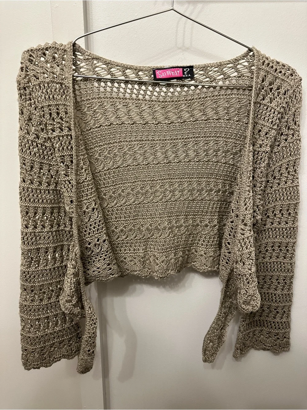 Y2K “Say What?” Crochet Tie-Front Cardigan in Taupe - Picture 4 of 7